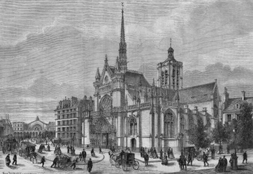 Transformaties van Parijs onder het Tweede Keizerrijk, Haussmanns Parijs: uitzicht op de nieuwe neogotische gevel van de kerk Saint Laurent, boulevard de Strasbourg, gerestaureerd door architect Simon Claude Constant Dufeux (Constant-Dufeux) (1801-1870)