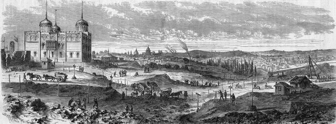 Transformaties van Parijs onder het Tweede Keizerrijk, Haussmanns Parijs: uitzicht op de werkzaamheden van het park Montsouris en de wederopbouw van het Palais du Bardo (Observatorium van Montsouris)