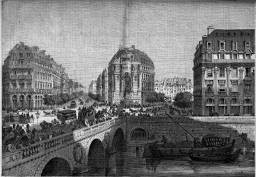Transformaties van Parijs onder het Tweede Keizerrijk, Haussmann Parijs: uitzicht op de fontein Saint Michel (1860) op de Boulevard de Sebastopol. Gravure in "Le Monde Illustré" nr. 175 van 18 augustus 1860.