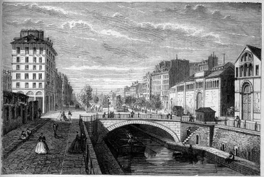 Transformaties van Parijs onder het Tweede Keizerrijk, Haussmanniaans Parijs: uitzicht op de boulevard Richard Lenoir aangelegd op het gewelf van het Canal Saint Martin. Gravure in 