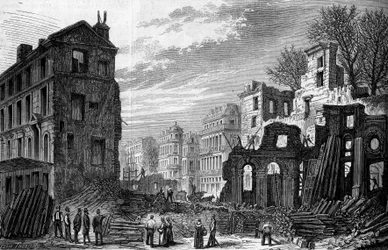 Transformaties van Parijs onder het Tweede Keizerrijk, Parijs Haussmann: doorbraak van de boulevard Saint Germain, uitzicht vanaf de rue saint dominique. Gravure uit 1870.