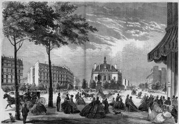 Transformaties van Parijs onder het Tweede Keizerrijk, Parijs Haussmann: het nieuwe stadhuis van het XI arrondissement in Parijs. (Je kunt de Boulevard Voltaire en de Avenue Parmentier zien). Gravure uit 1865