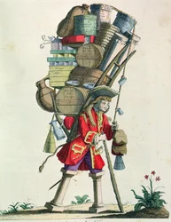 Reizende Specerijen-, Drank- en Middelenverkoper in 1721, uit Costumes de Paris a Travers les Siecles, gepubliceerd 1887