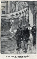 Tsaar Nicolaas II van Rusland en Tsarina Alexandra Fiodorovna Romanova voor het graf van Napoleon I Bonaparte in het Hotel des Invalides in Parijs, in "Le Petit Parisien"