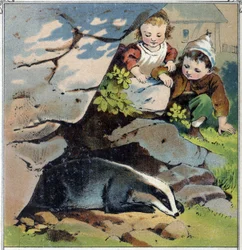 Twee kinderen observeren een das in zijn hol. Chromolithografie uit 