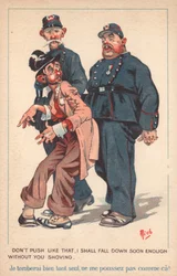 Twee politieagenten begeleiden een dronken man (kleurenlitho)