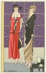 Twee vrouwen die thee drinken en gekleed zijn in ontwerpen van Jean Patou en Beer, uit Art-Goût-Beauté uitgegeven 1924