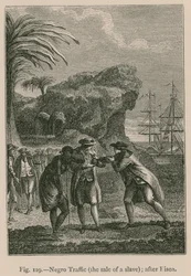 Typische slavenhandel scène in de 18e eeuw (gravure)