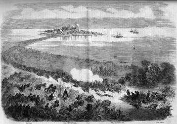 Eenheid van Italië - Expeditie van de Duizend of Roodhemden - Slag bij Milazzo (Sicilië), 20 juli 1860: uitzicht op de stad en het fort van Milazzo vanaf de Liparische Eilanden tijdens de slag tussen de Duizend van Giuseppe Garibaldi en het leger van Franc