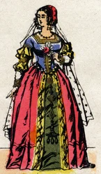 Valois dynastie: Portret van Eleonore van Habsburg of Oostenrijk (1498-1558), koningin van Frankrijk, echtgenote van Frans I (1494-1547). Epinal afbeelding uit het einde van de 19e eeuw. Privécollectie