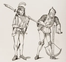 Knecht of schildknaap met een dikbladige hellebaard en een boogschutter die een kruisboogkoord spant met een dubbelhandige lier, naar een 15e-eeuwse miniatuur, uit Le Moyen Age et La Renaissance door Paul Lacroix