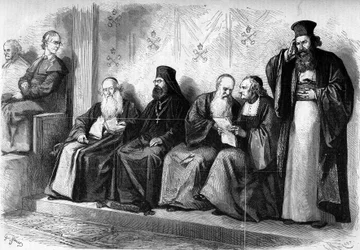 Vaticaans Concilie 1 (1869-1870): patriarchen en archimandrieten tijdens de presynodale audiëntie in de Sixtijnse Kapel van Rome. December 1869. Gravure in "Le Monde Illustré" n°662 van 19 december 1869.