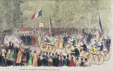 Velocipede race in Saint-Cloud, 31 mei 1808 (kleurgravure)