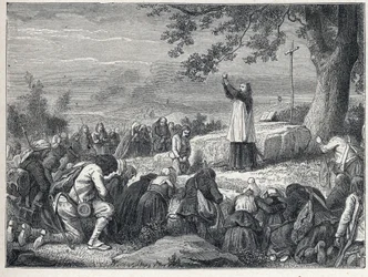 Vendee Oorlogen (1793-1796): Priester viert een mis onder een eik voor de opstandige bevolking die gezworen priesters afwijst. Gravure uit 1889. Privécollectie