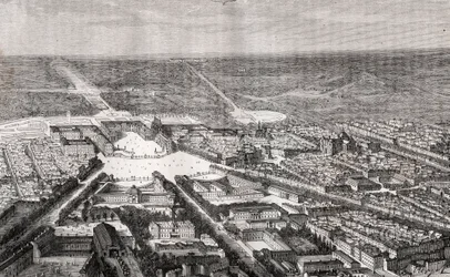 Versailles met zijn kasteel in de 19e eeuw - gravure in 