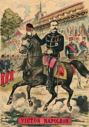Victor Napoleon (1862-1926) aan het hoofd van de Bonapartistische aanhangers, de laatste erfgenaam van Napoleon I moest in ballingschap gaan na een wet die werd aangenomen door de Derde Republiek in 1886. Gravure, in “Le Figaro, supplement”, op 30/03/1889,