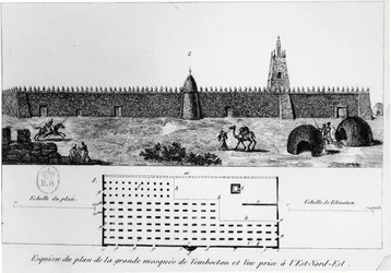 Zicht en plan van de grote moskee in Timboektoe, uit Journal d