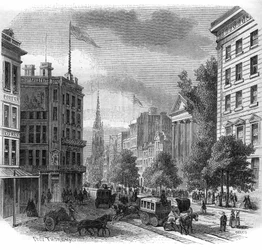 Zicht op Broadway in New York. Gravure uit 1862-1863.