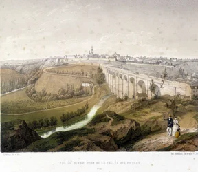 Uitzicht op Dinan, het viaduct en de Walnootvallei. 19e-eeuwse illustratie bewaard in het Museum van Dinan