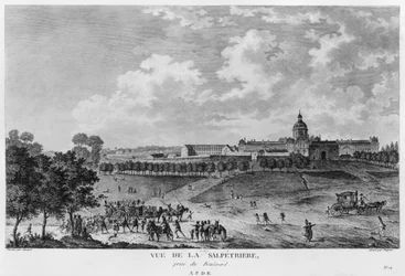 Uitzicht op Hopital La Salpetriere, transport van prostituees, Parijs, gegraveerd door Duparc, naar een tekening van Savard, ca. 1790
