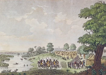 Uitzicht op Joal, handelsport in het Koninkrijk Sine, Senegal, ca. 1810