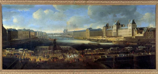 Uitzicht op Parijs vanaf de Louvre-kust genomen vanaf de Pont Neuf Schilderij van de Franse School van de 17e eeuw
