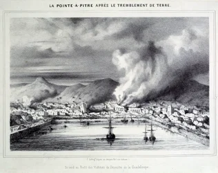 Uitzicht op Pointe a Pitre (Pointe-a-Pitre) na de aardbeving op 8/02/1843. Gravure uit de 19e eeuw Chartres, Musee des Beaux Arts