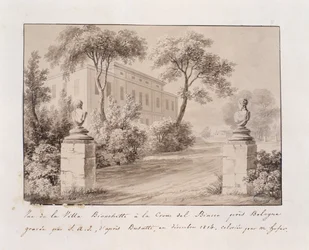 Uitzicht op Villa Bianchetti in Croce del Biacco nabij Bologna, gegraveerd door S.A.I. naar Busatti, ingekleurd door M. Hofer, december 1814 (ingekleurde gravure)
