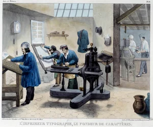 Zicht op een drukkerij: de typograaf en de letterzetter. Lithografie van Bineteau