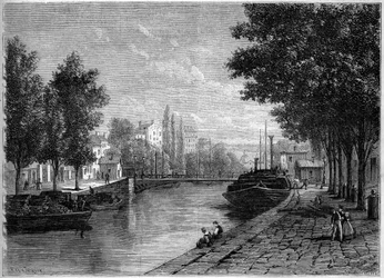 Uitzicht op het Canal Saint Martin, in Parijs, voor de transformaties uitgevoerd door Haussmann in het midden van de 19e eeuw. Uitzicht genomen ter hoogte van rue Saint Sebastien. Gravure in 