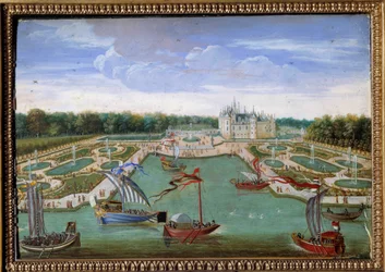 Uitzicht op het Kasteel van Chantilly en de parterres van Vertugadin
