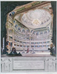 Uitzicht op het Théâtre de la Comédie Française in 1790, naar een origineel van Gaudet en Prudent