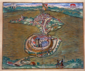 Zicht op de Place de Louis le Grand, met een van de kamers gebouwd voor de gelegenheid van het huwelijk van Monseigneur le Dauphin (detail) (kleurgravure)