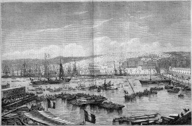 Zicht op de stad en haven van Algiers (Algerije), tijdens de aankomst van Napoleon III en keizerin Eugenie de Montijo, 17 september