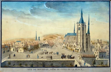 Zicht op de stad Dourdan door een gevangene aquarel van de 19e eeuw Franse school