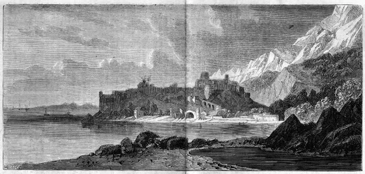 Uitzicht op de stad Monaco in 1860. Gravure in 
