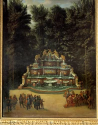 Uitzicht op de fontein van het Water Buffet in de tuinen van het Grand Trianon in 1713. Op de voorgrond: Lodewijk XIV tijdens de Promenade Schilderij van Charles Chatelain. 18e eeuw. Dim. 2,96x1,42 m. Versailles, Kastelen van Versailles en Trianon
