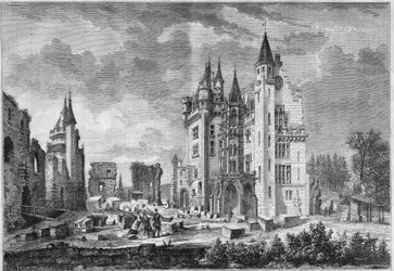 Gezicht op de restauratiewerkzaamheden van het kasteel van Pierrefonds, georganiseerd door Eugene Viollet le Duc, tijdens het bezoek van Napoleon III en keizerin Eugenie de Montijo. Oise
