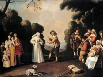 Dorpsdansscène waarschijnlijk op een bruiloftsfeest, een zwangere vrouw links. Schilderij van de Franse school. 17e eeuw. Avignon, Musée Calvet