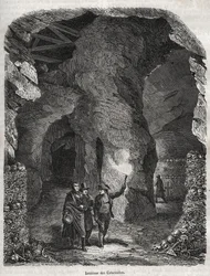 Bezoek aan de Catacomben van Parijs in de 19e eeuw - Gravure in 