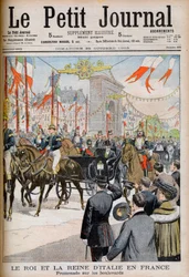 Bezoek van de koning en koningin van Italië aan Frankrijk. De koning en koningin van Italië in Frankrijk. Promenade op de boulevards met de president van de Franse Republiek Emile Loubet - Illustratie voor Le Petit Journal, 25 oktober 1903 - Victor Emmanue
