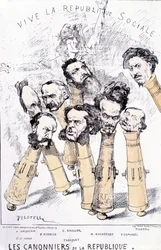 Leve de sociale Republiek - De kanonniers van de Republiek: A. Vacquerie, F.V. Hugo, P. Meurice, E. Roullier, Flocquet, H. Rochefort, Vermorel, Pilotell. Cartoon