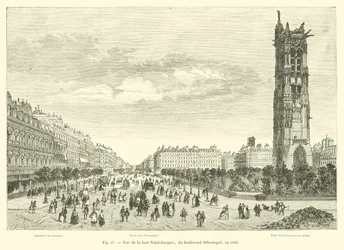 Zicht op de Saint-Jacques toren, vanaf de boulevard Sébastopol, in 1866