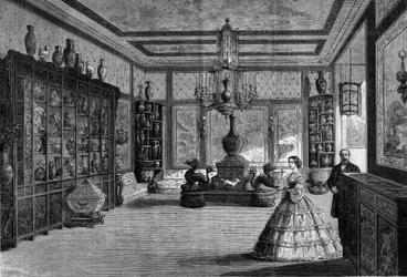 Zicht op het Chinese museum van keizerin Eugenie de Montijo, geïnstalleerd in 1863 in het kasteel van Fontainebleau. Gravure in "Le Monde Illustre" n°325 van 4 juli 1863.