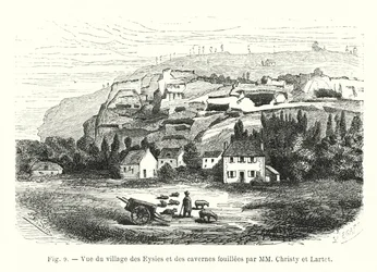 Gezicht op het dorp Eysies en de grotten opgegraven door MM Christy en Lartet