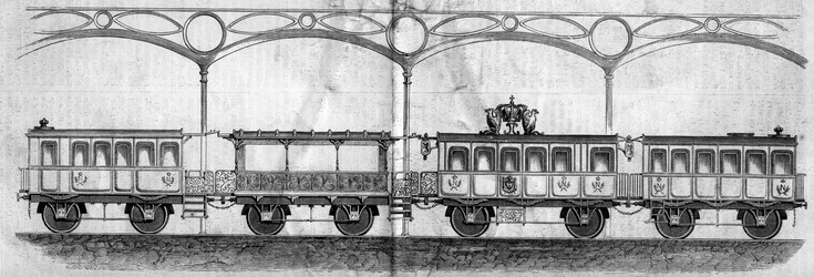 Wagons bezet door keizer Napoleon III (1808-1873) tijdens de reis van Parijs naar Cherbourg in 1858. Gravure in 