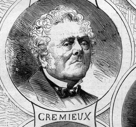 Oorlog van 1870 - Regering van de Nationale Verdediging: portret van Adolphe Crémieux (1796-1880), lid van de voorlopige regering van 1870. Gravure in ‘Le Monde Illustré’ nr. 706 van 22 oktober