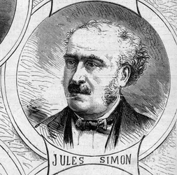 Oorlog van 1870 - Regering van Nationale Defensie: portret van Jules Simon (geboren François Jules Suisse) (1814-1896), lid van de voorlopige regering van 1870. Gravure in „Le Monde Illustré”, nr. 706 van 22 oktober