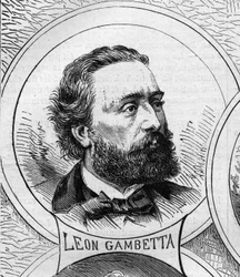 Oorlog van 1870 - Regering van de Nationale Verdediging: portret van Léon Gambetta (1838-1882), lid van de voorlopige regering van 1870. Gravure in ‘Le Monde Illustré’ nr. 706 van 22 oktober