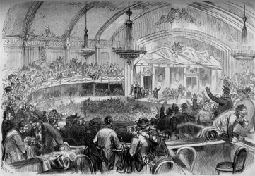 Oorlog van 1870 - parlementsverkiezingen tijdens de wapenstilstand - februari 1871: verkiezingsbijeenkomst in het Cabaret des Folies Bergères in Parijs voor de bekendmaking van de kandidaten voor de Nationale Vergadering. Gravure in ‘Le Monde Illustré’